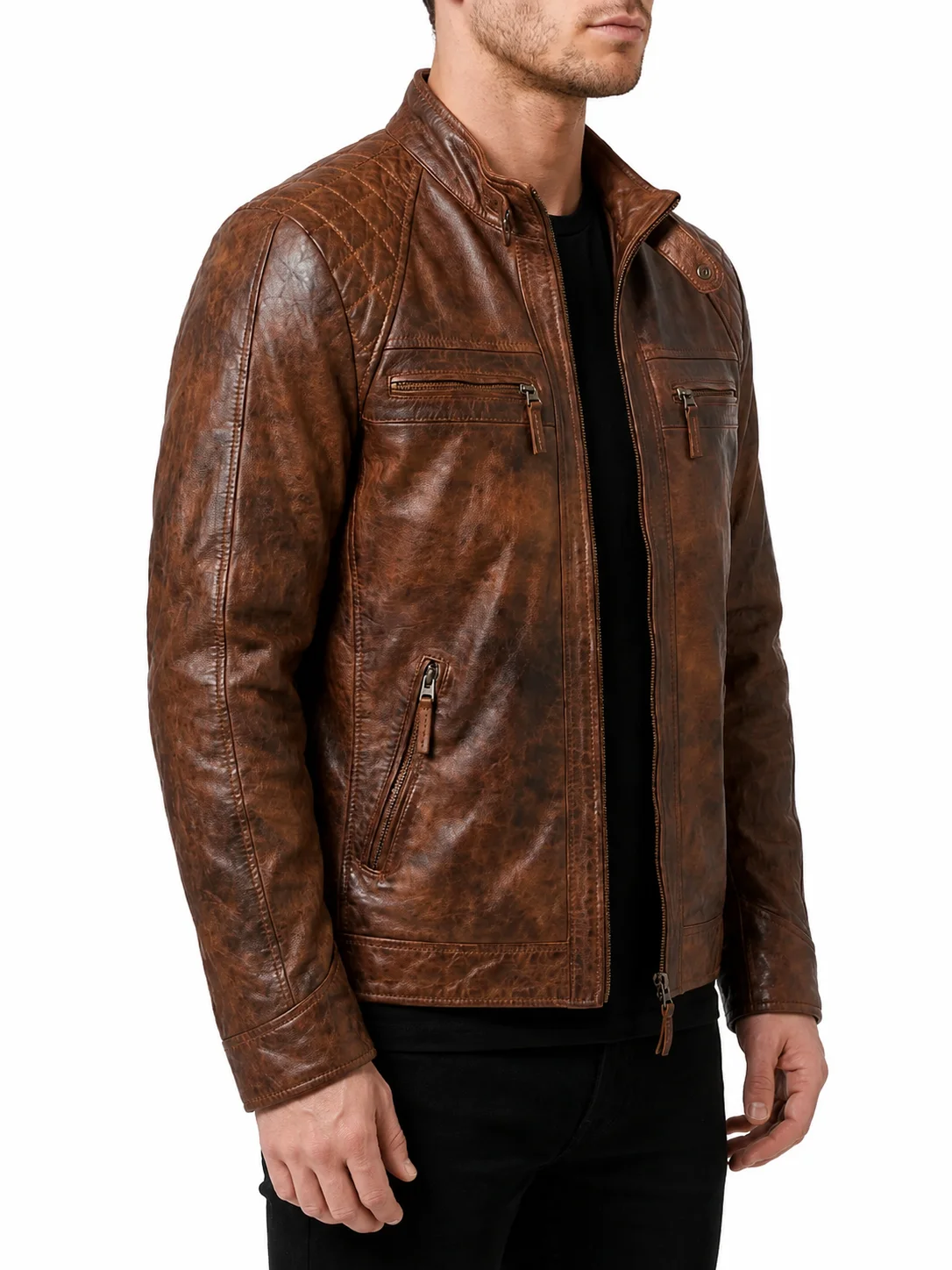 Brown Distressed Leather Jacket Classic Diamond