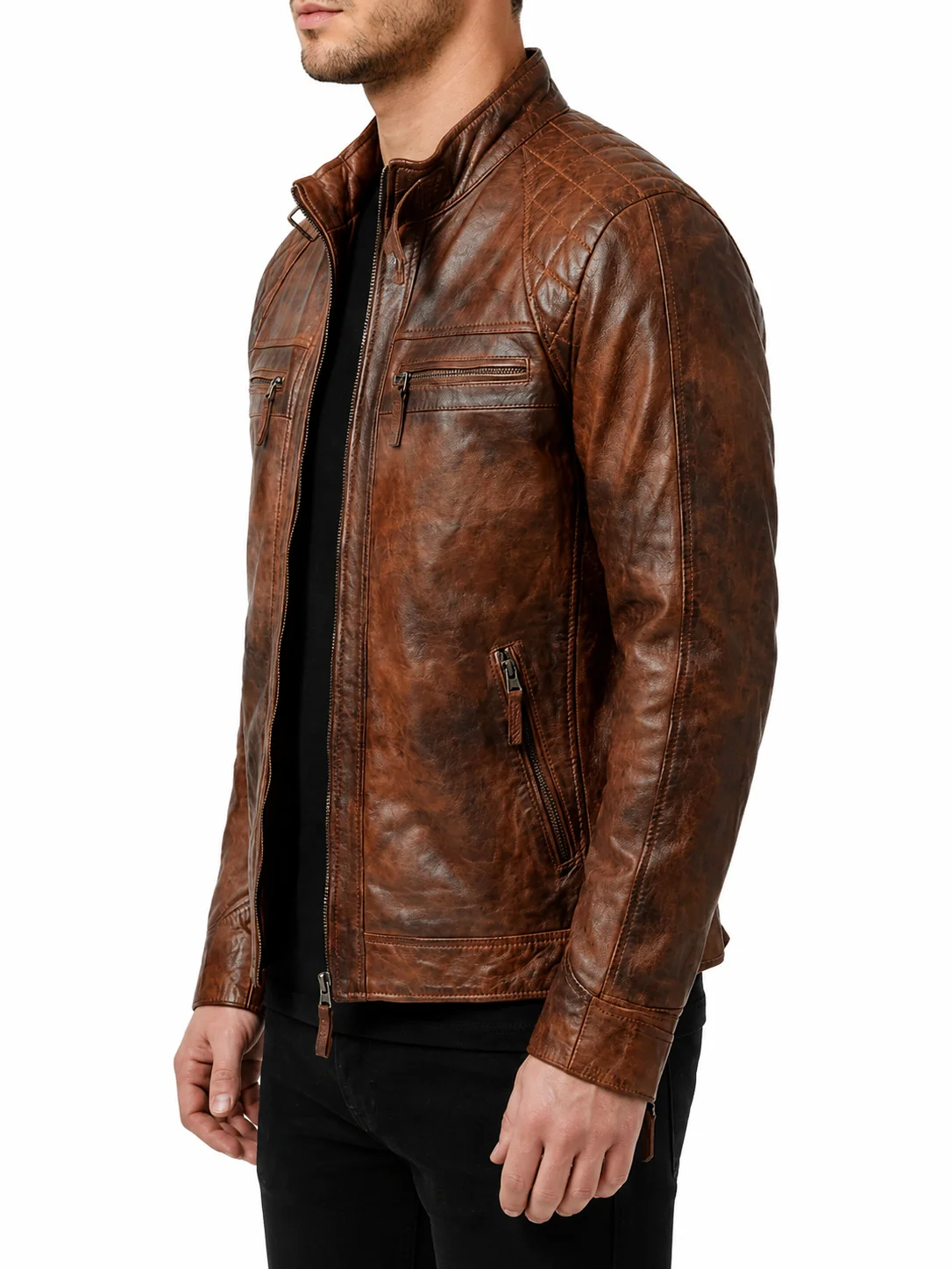Brown Distressed Leather Jacket Classic Diamond