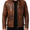 Brown Distressed Leather Jacket Classic Diamond