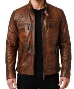 Brown Distressed Leather Jacket Classic Diamond