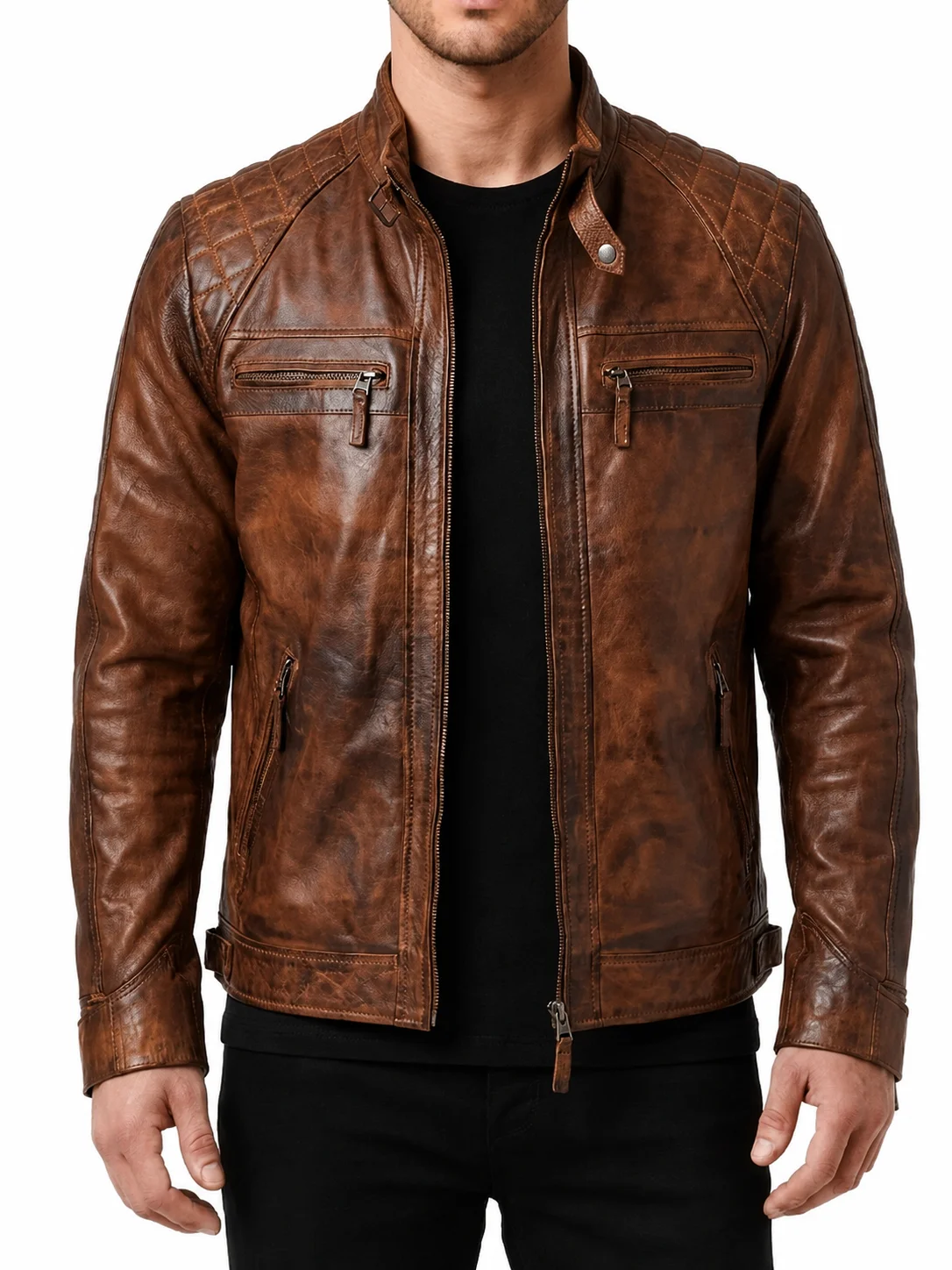 Brown Distressed Leather Jacket Classic Diamond