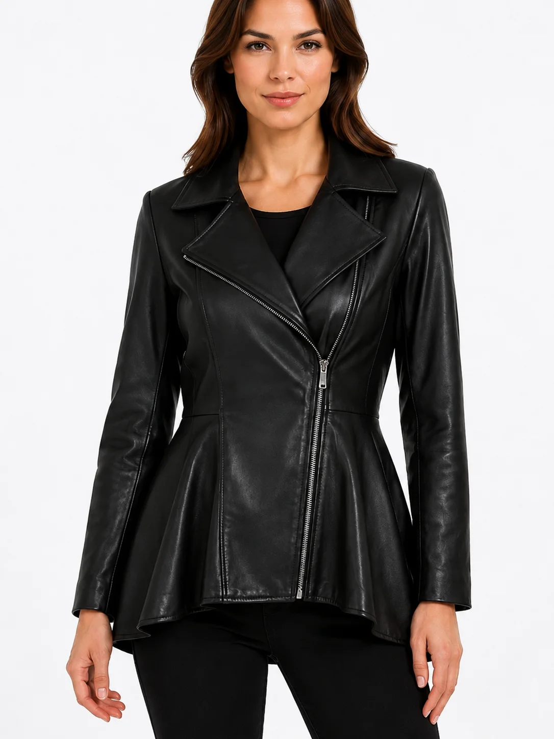Clarissa Womens Real Leather Black Peplum Jacket