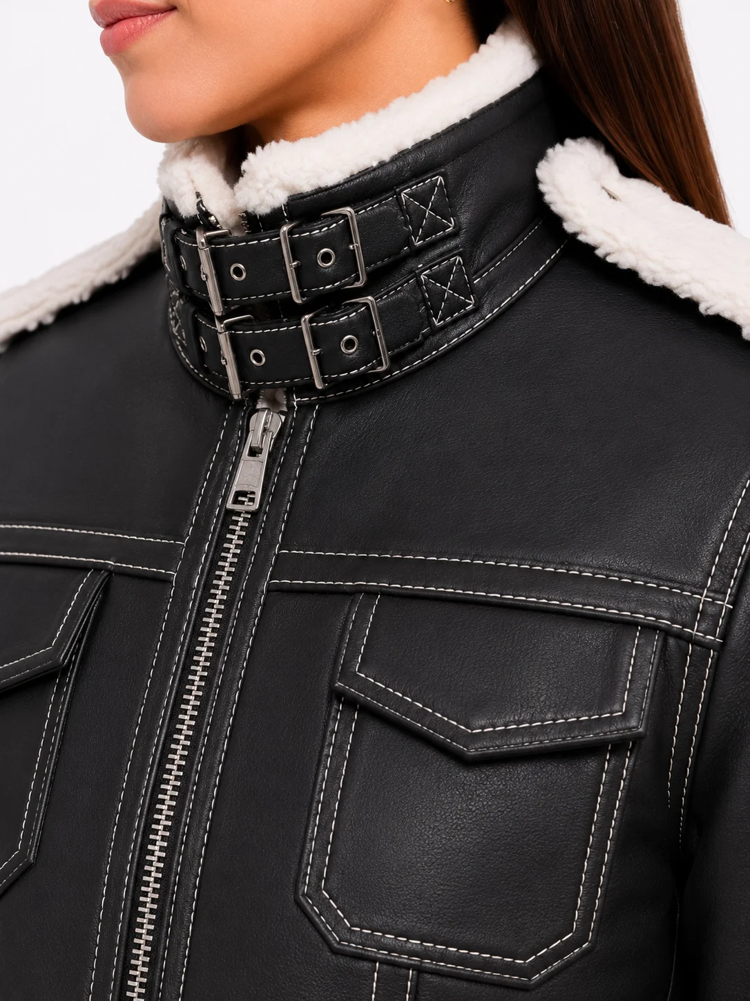 Fiona Black Hooded Shearling Leather Jacket