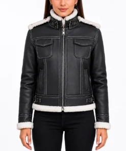 Fiona Black Hooded Shearling Leather Jacket