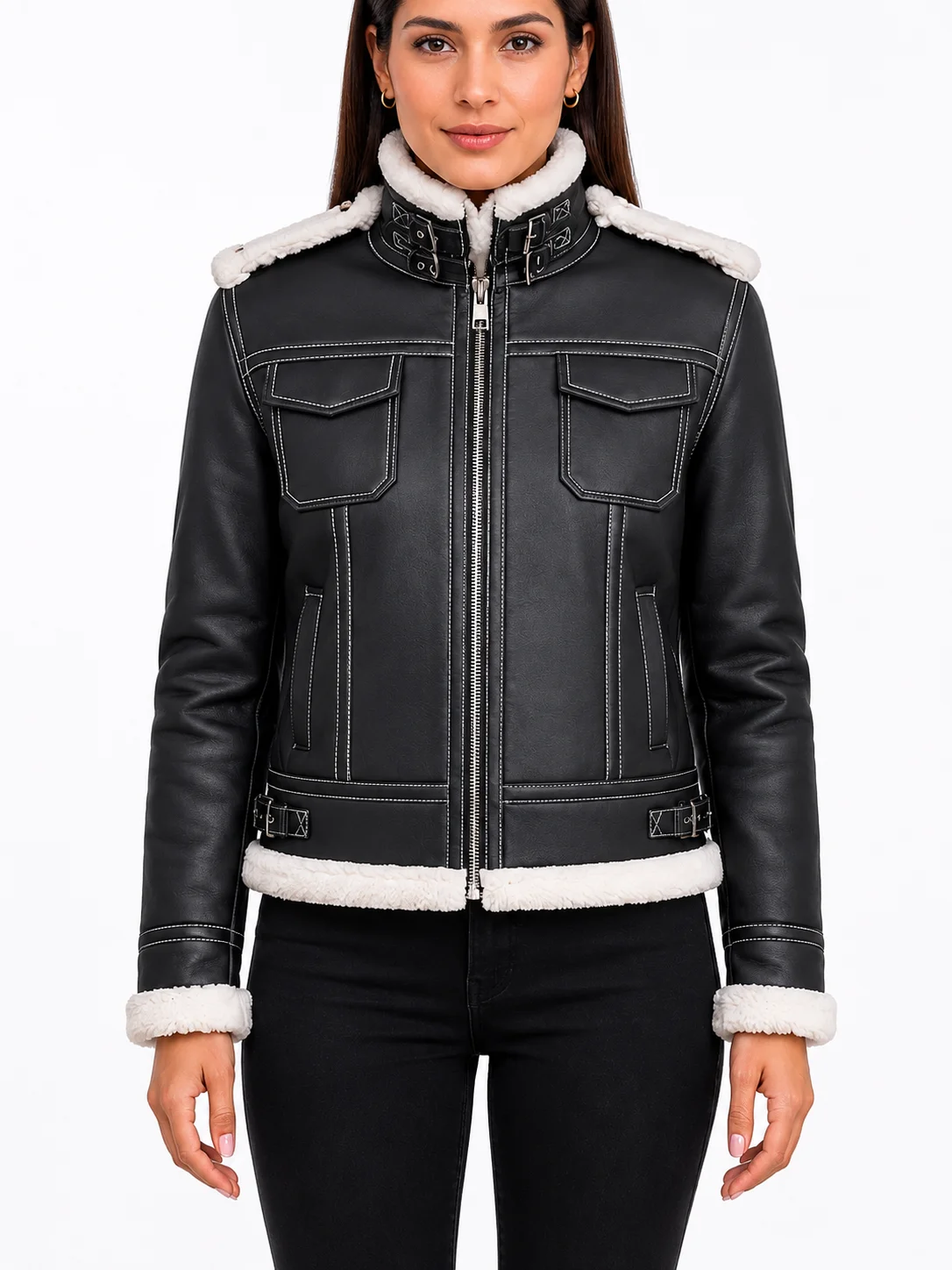 Fiona Black Hooded Shearling Leather Jacket