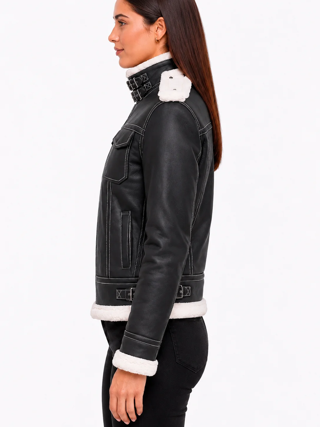 Fiona Black Hooded Shearling Leather Jacket