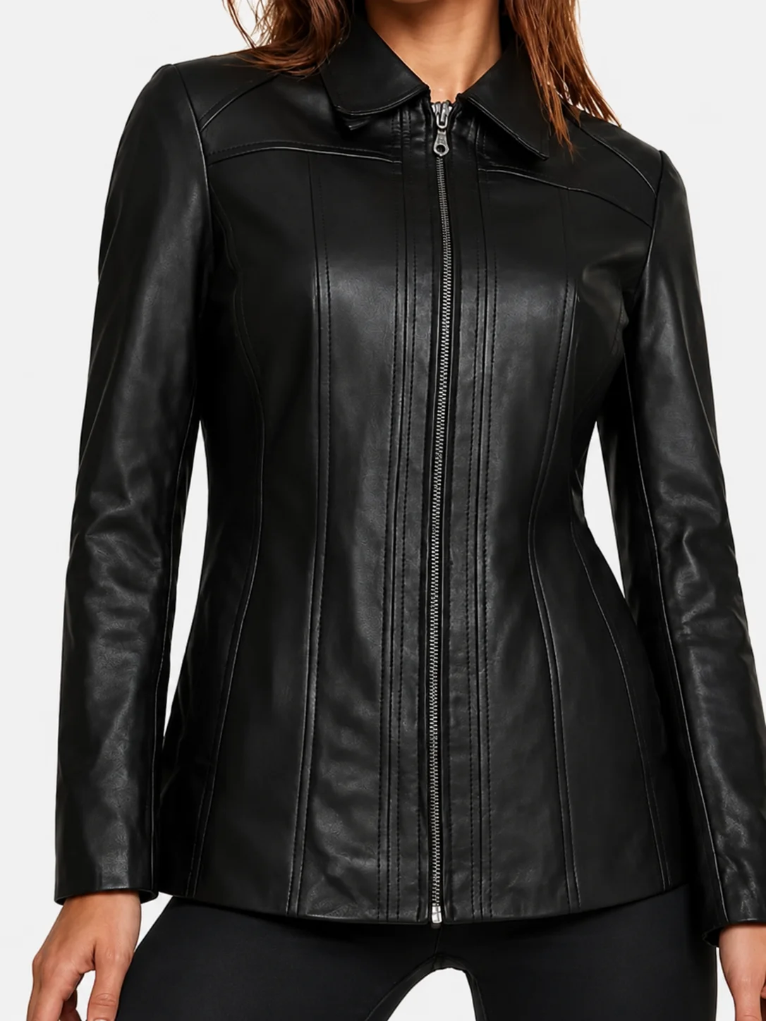 Marsha Womens Black Leather Car Coat