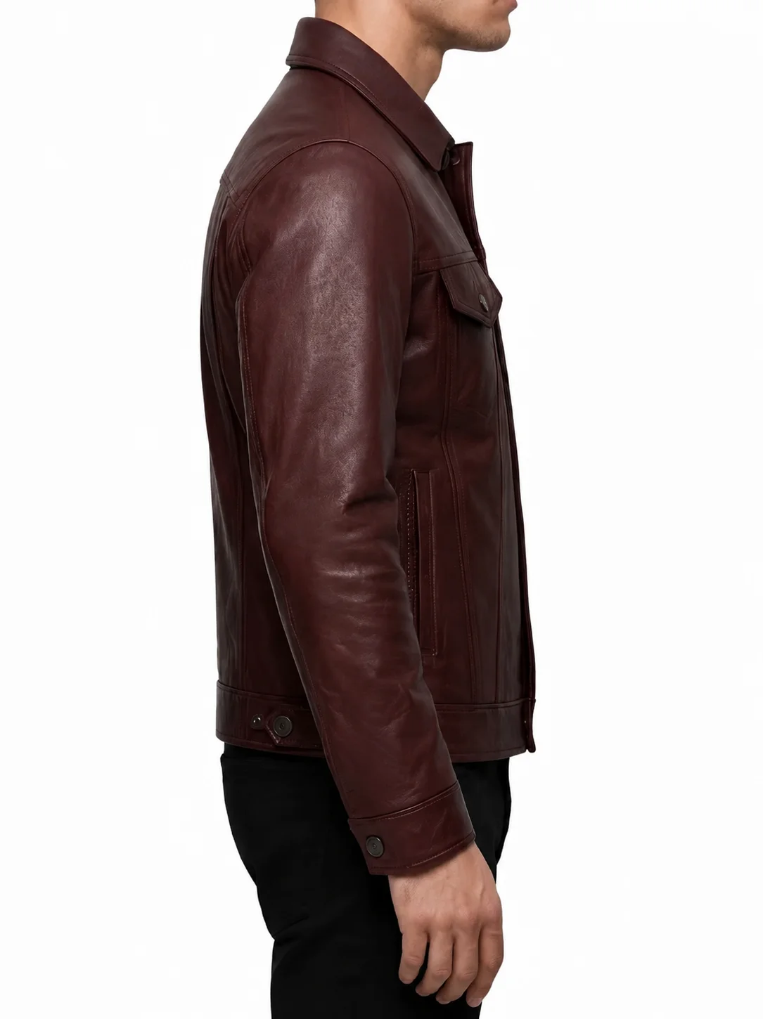 Mens Burgundy Leather Trucker Jacket