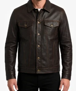 Mens Burgundy Leather Trucker Jacket