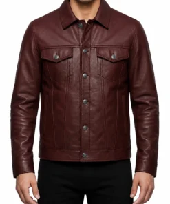 Mens Burgundy Leather Trucker Jacket