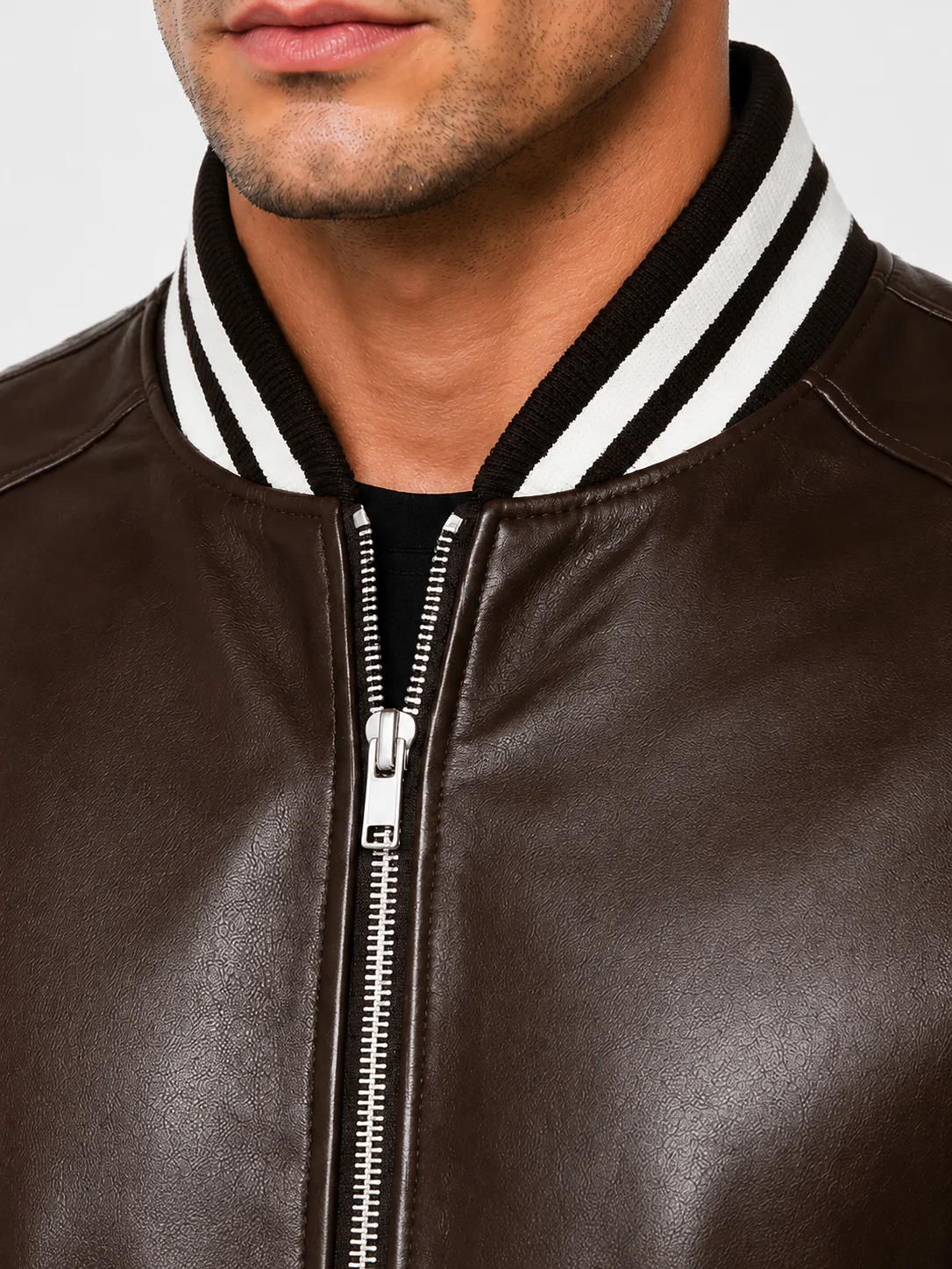 Mens Striped Leather Bomber Jacket