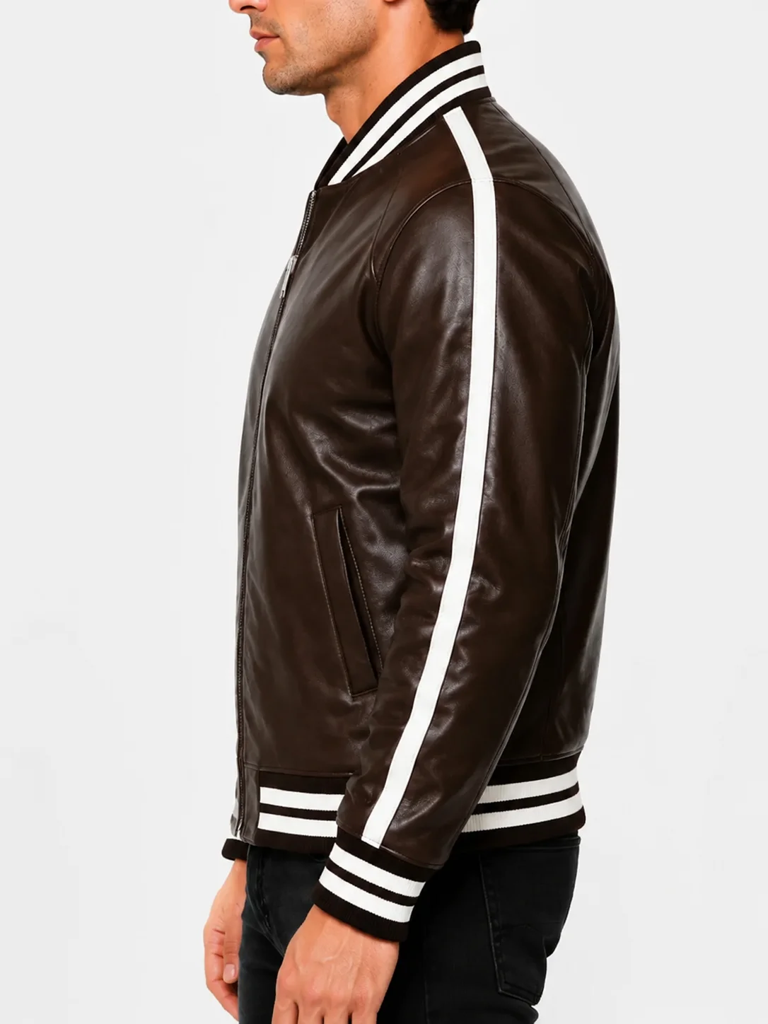 Mens Striped Leather Bomber Jacket