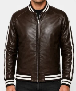 Mens Striped Leather Bomber Jacket