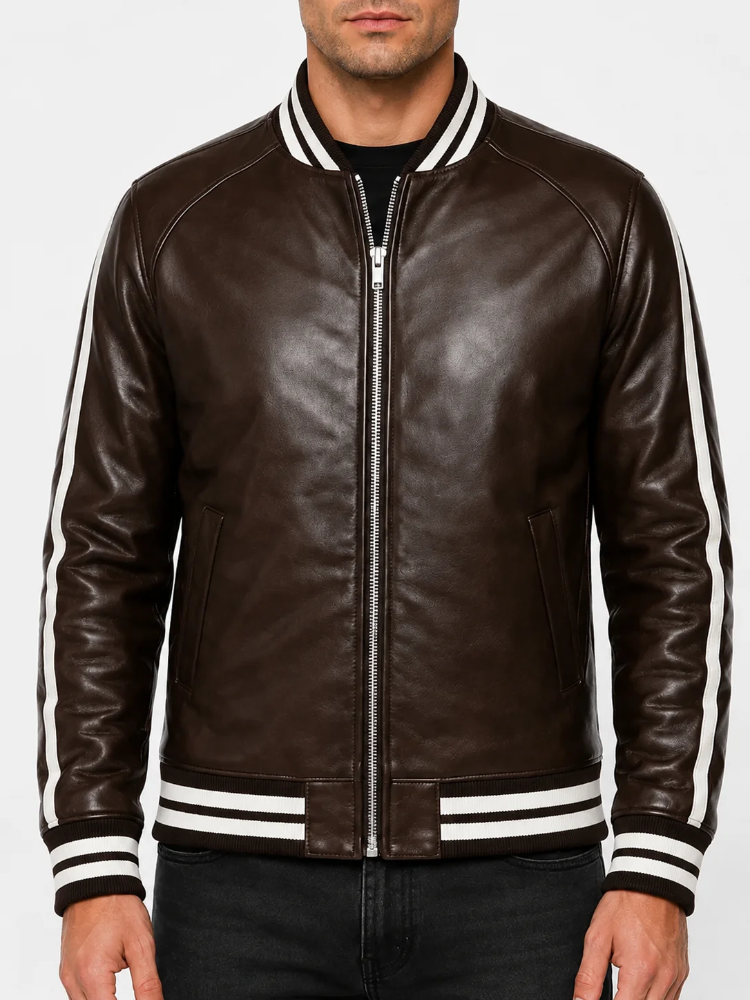 Mens Striped Leather Bomber Jacket
