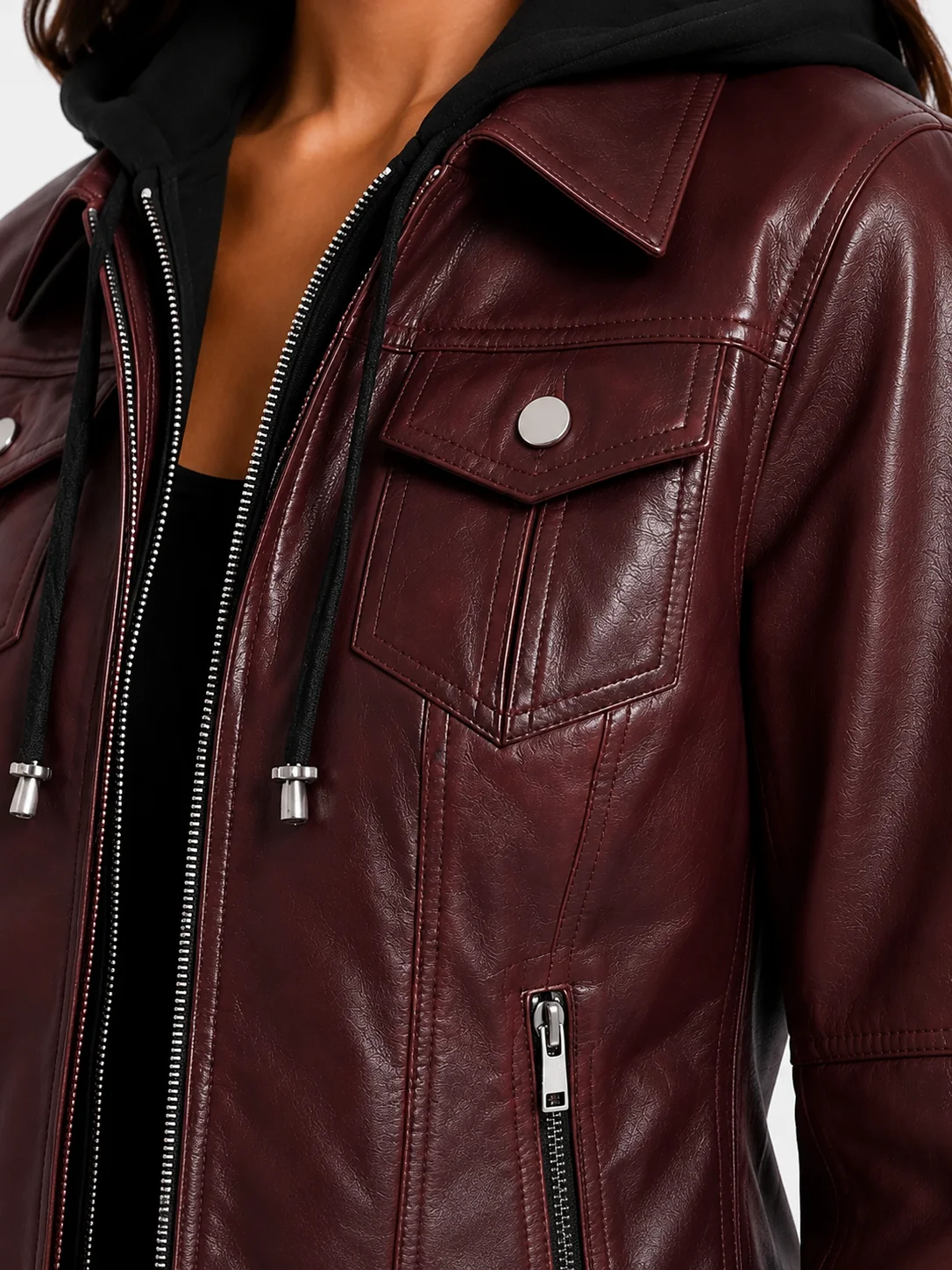 Real Leather Womens Bomber Jacket with Removable Hood