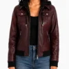 Real Leather Womens Bomber Jacket with Removable Hood