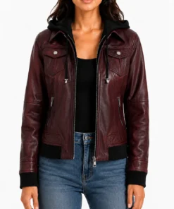 Real Leather Womens Bomber Jacket with Removable Hood
