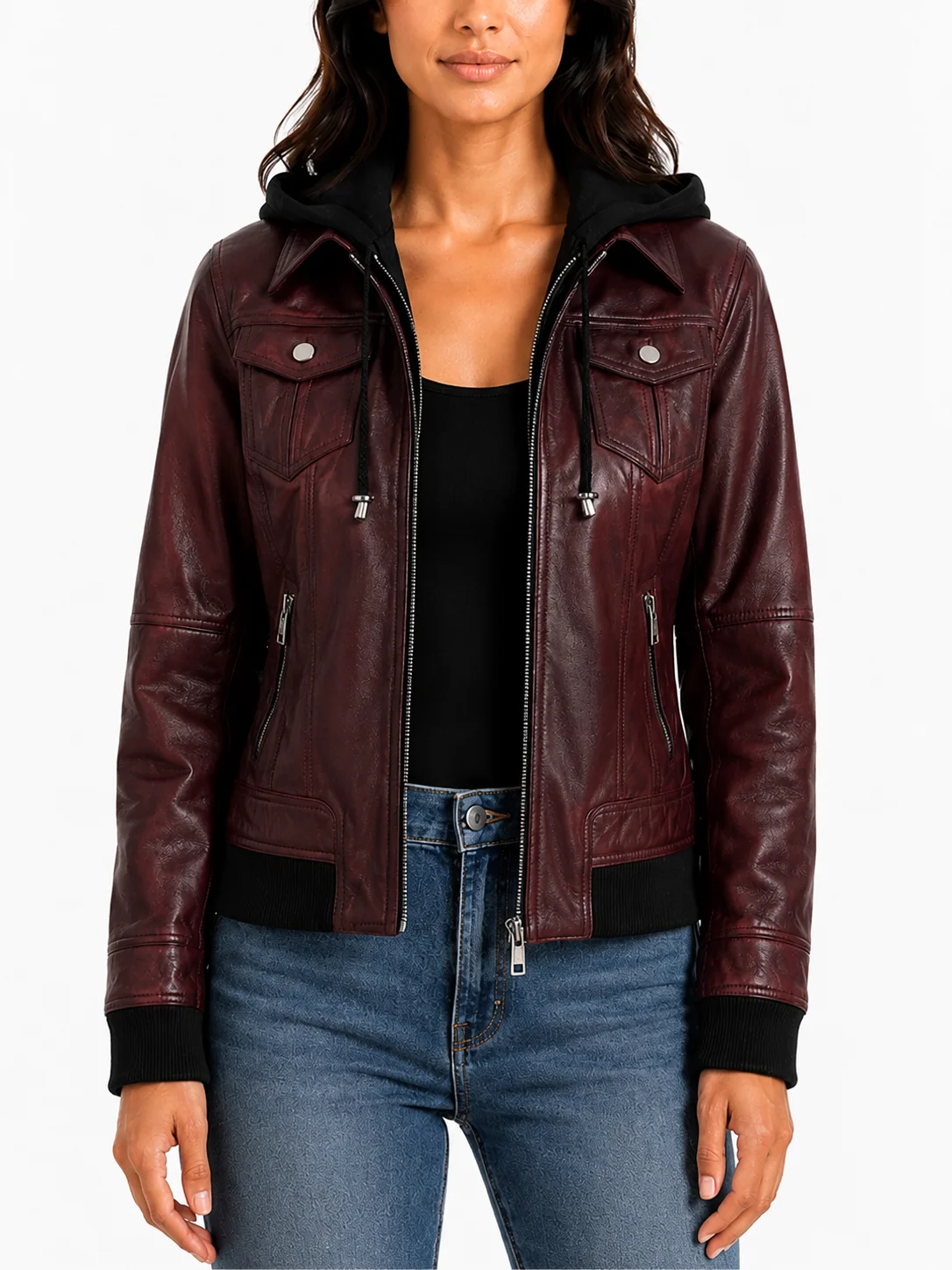 Real Leather Womens Bomber Jacket with Removable Hood