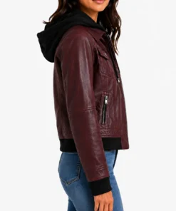 Real Leather Womens Bomber Jacket with Removable Hood