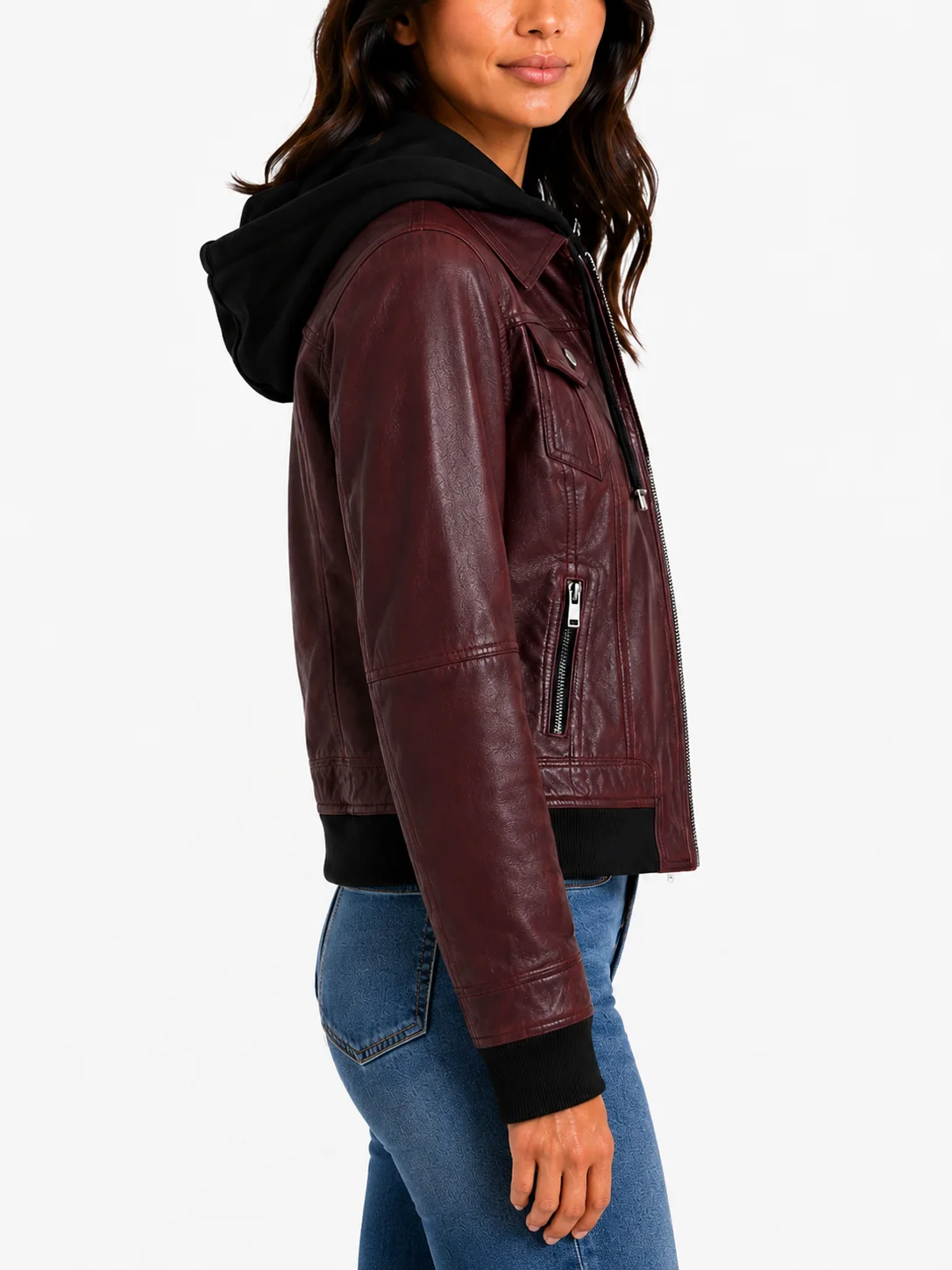 Real Leather Womens Bomber Jacket with Removable Hood