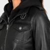 Roslyn Black Hooded Leather Bomber Jacket