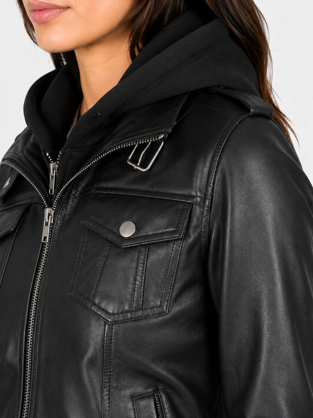 Roslyn Black Hooded Leather Bomber Jacket