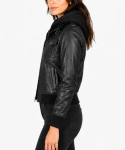 Roslyn Black Hooded Leather Bomber Jacket