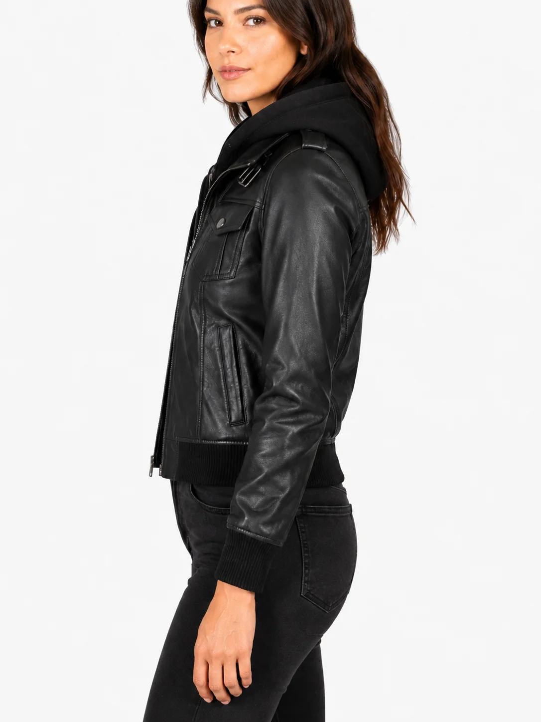 Roslyn Black Hooded Leather Bomber Jacket