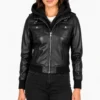 Roslyn Black Hooded Leather Bomber Jacket