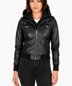 Roslyn Black Hooded Leather Bomber Jacket