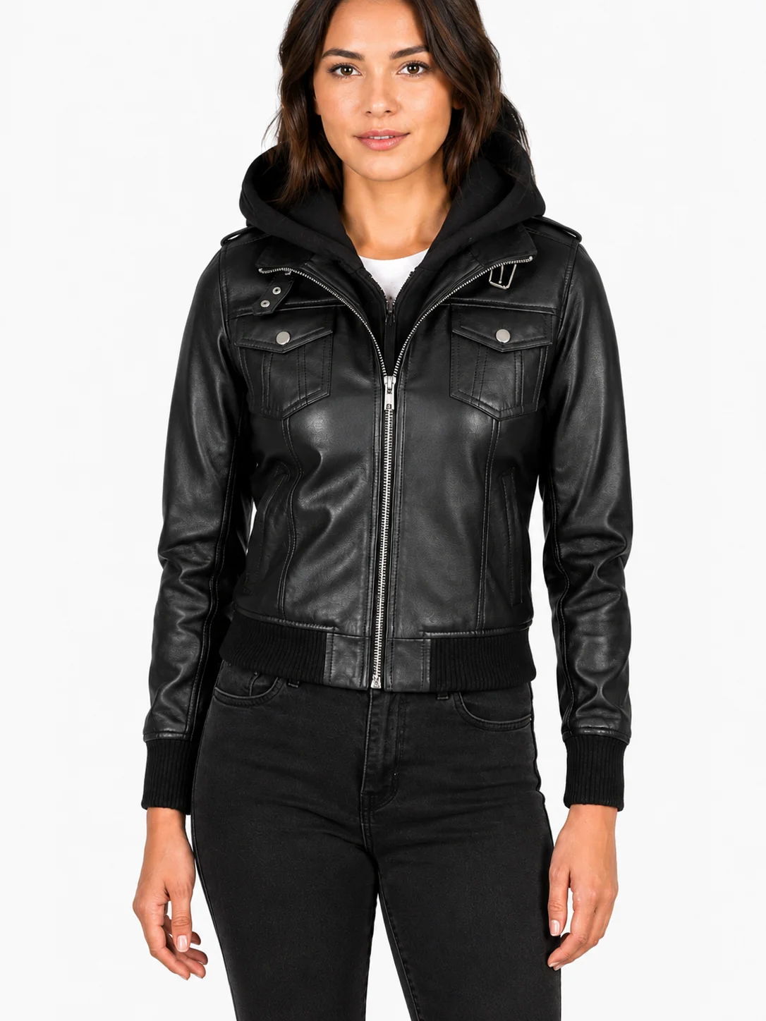 Roslyn Black Hooded Leather Bomber Jacket