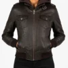 Roslyn Brown Hooded Leather Bomber Jacket