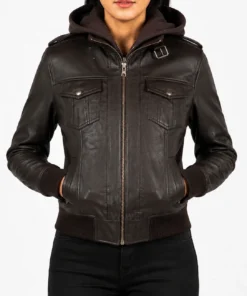 Roslyn Brown Hooded Leather Bomber Jacket