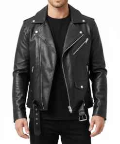 Rustline Black Leather Biker Jacket
