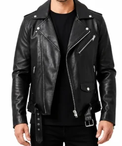 Rustline Black Leather Biker Jacket