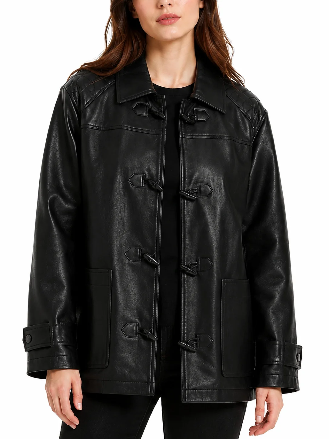 Women Black Leather Oversized Jacket