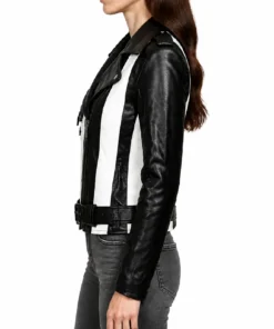 Women’s Black Leather Biker Jacket with Black and White Stripes