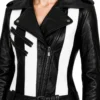 Women’s Black Leather Biker Jacket with Black and White Stripes