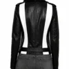 Women’s Black Leather Biker Jacket with Black and White Stripes