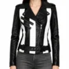 Women’s Black Leather Biker Jacket with Black and White Stripes