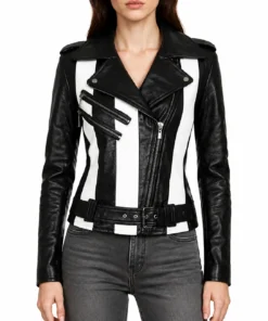 Women’s Black Leather Biker Jacket with Black and White Stripes