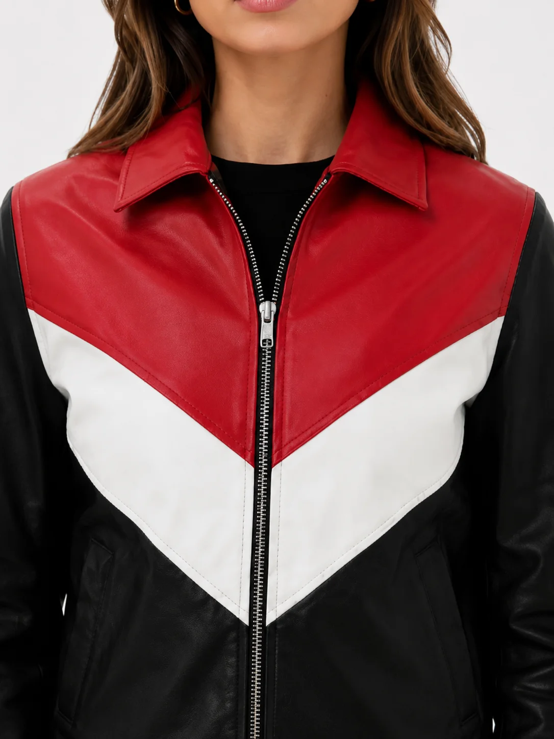 Womens Colorblock Leather Bomber Jacket