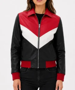 Womens Colorblock Leather Bomber Jacket