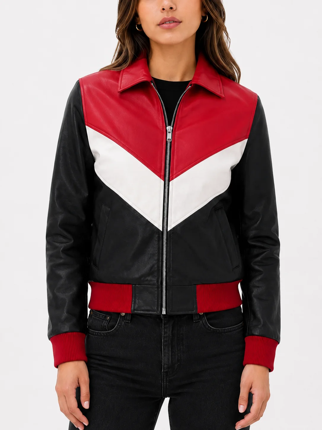 Womens Colorblock Leather Bomber Jacket