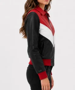 Womens Colorblock Leather Bomber Jacket