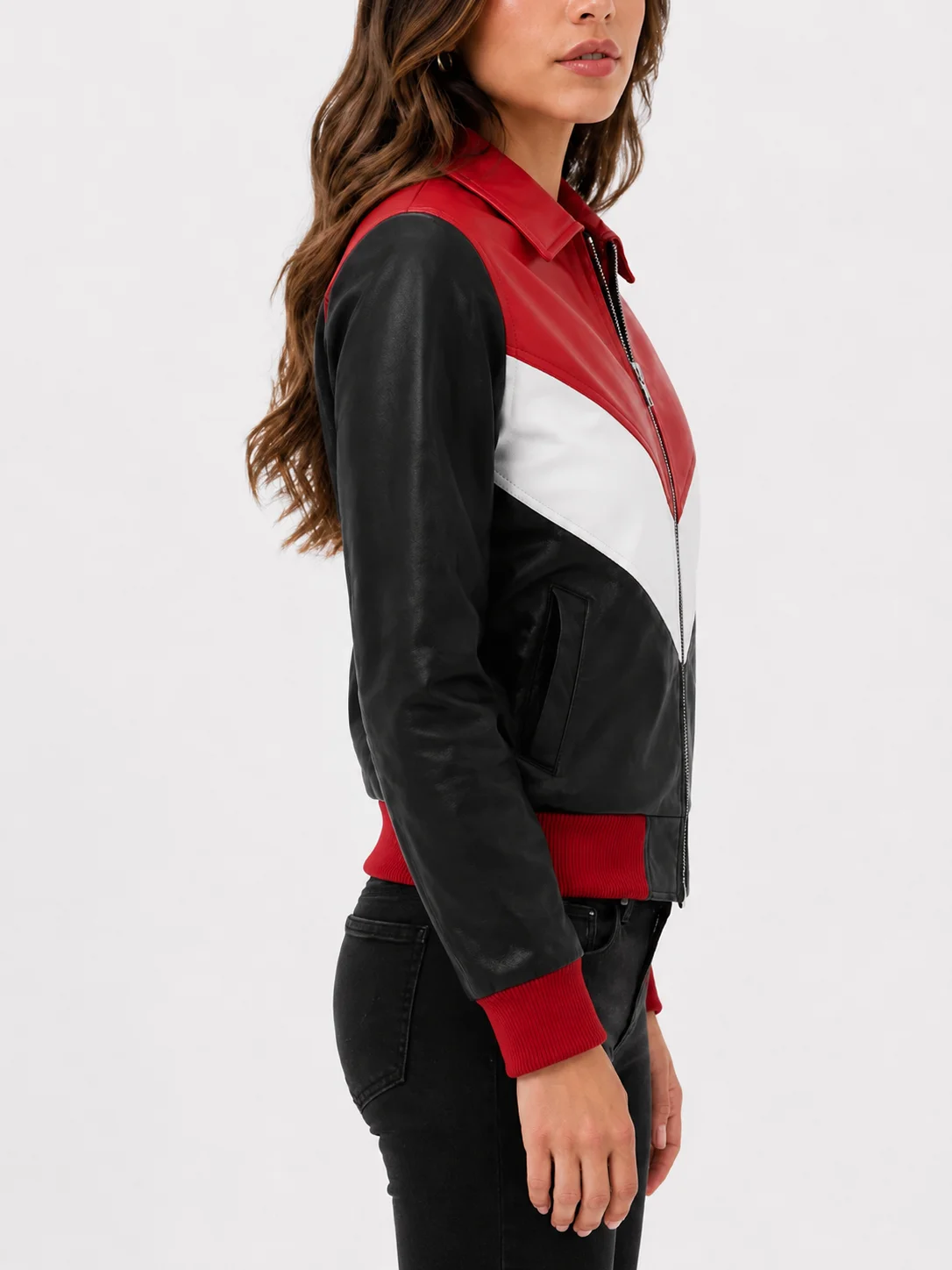 Womens Colorblock Leather Bomber Jacket