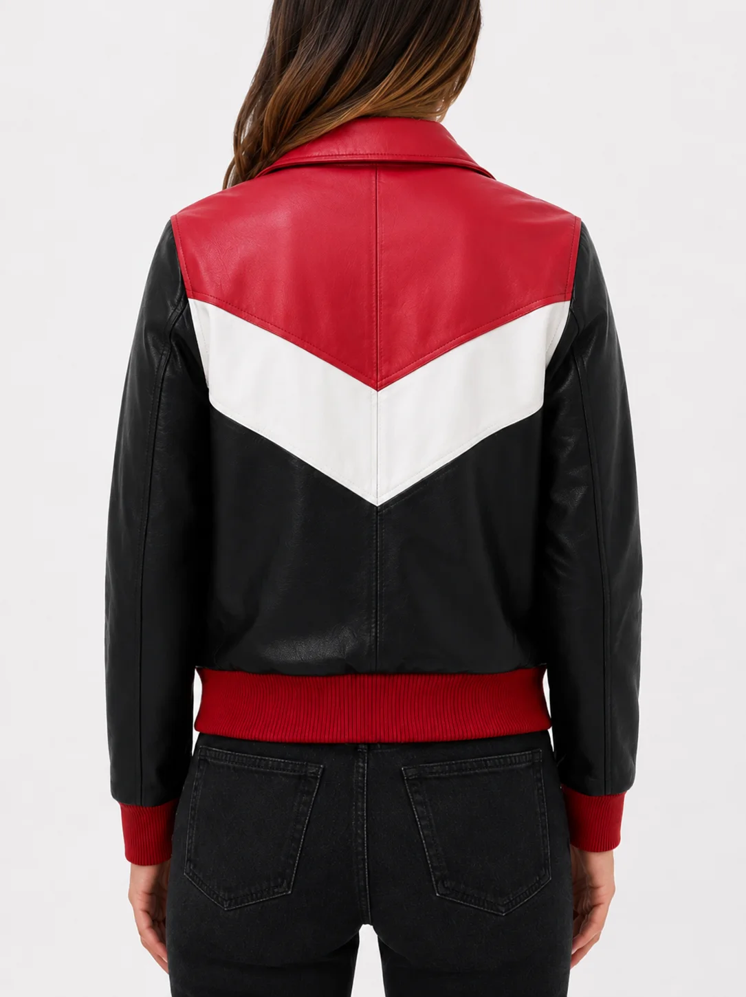 Womens Colorblock Leather Bomber Jacket