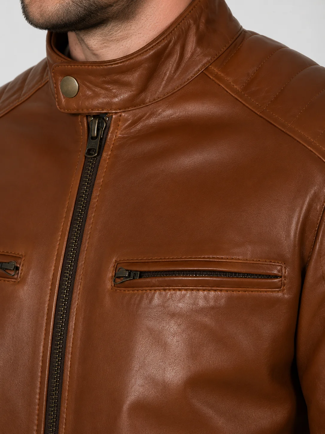 Cognac Racer With Stripes Brown Leather Jacket