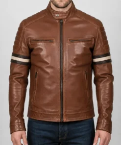 Cognac Racer With Stripes Brown Leather Jacket