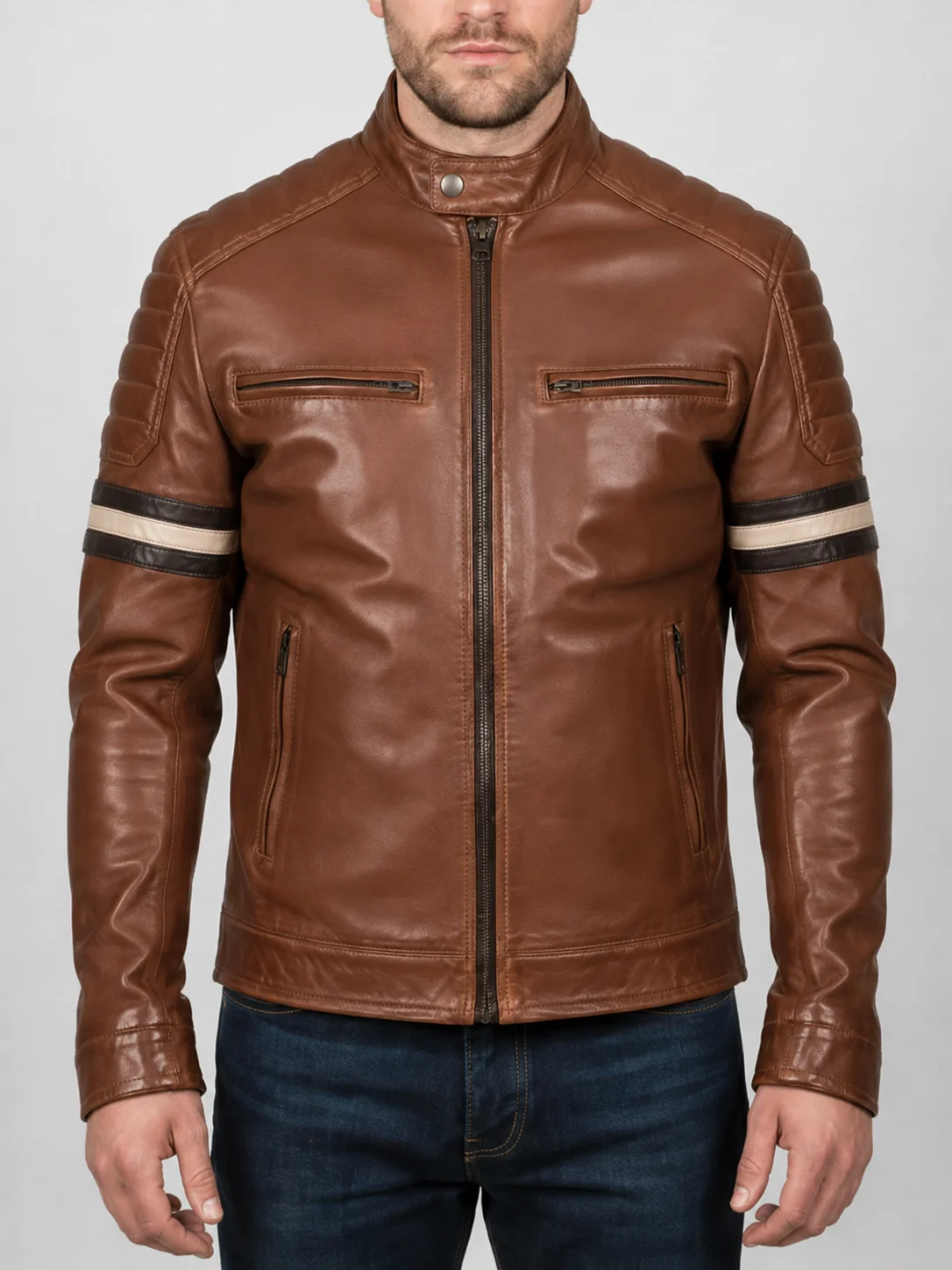 Cognac Racer With Stripes Brown Leather Jacket